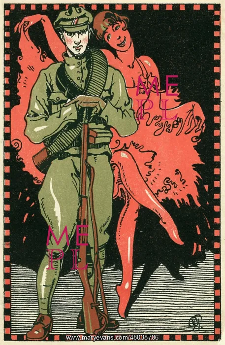 : Postcard, Czech soldier and dancer, WW1 : Postcard, Czech soldier and dancer, WW1