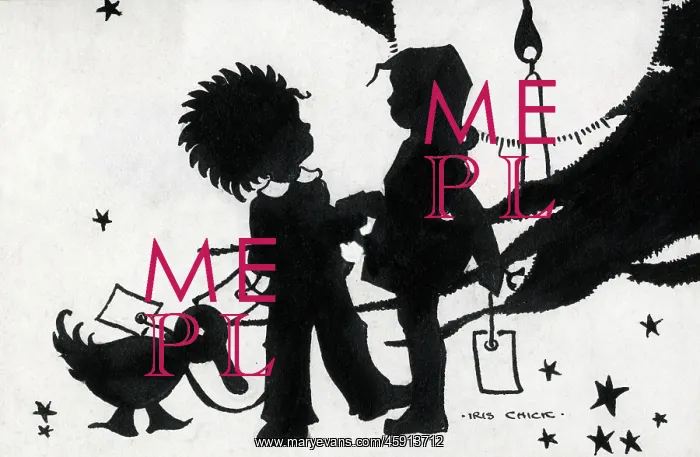 : Postcard design artwork - Two children by a Christmas tree : Postcard design artwork - Two children by a Christmas tree