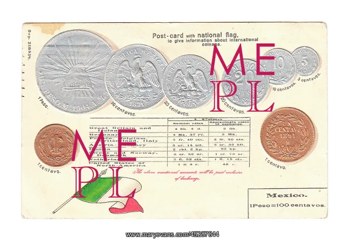  : Postcard, Mexican flag and coins