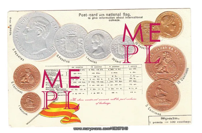  : Postcard, Spanish flag and coins