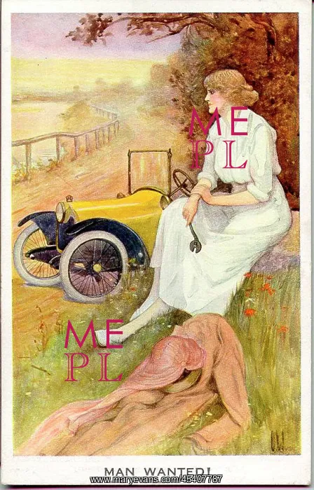 : Postcard, Woman with broken down car : Postcard, Woman with broken down car