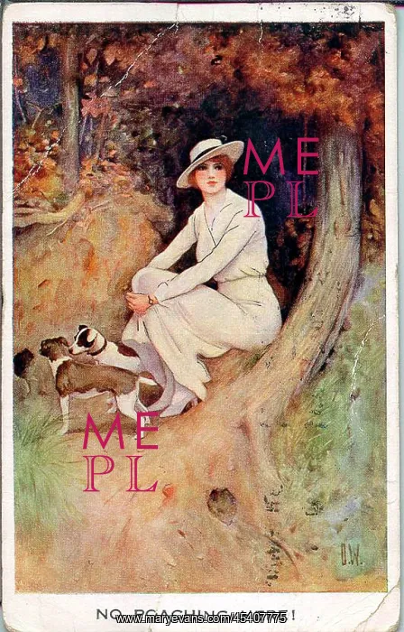 : Postcard, Woman with two dogs sitting by a tree : Postcard, Woman with two dogs sitting by a tree