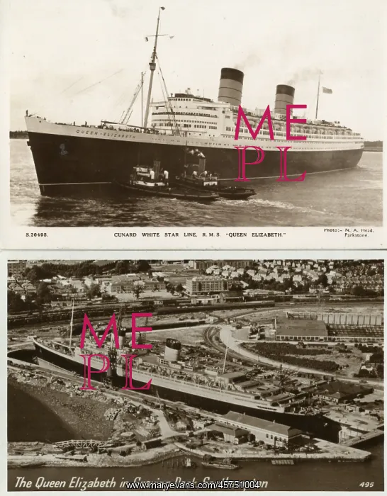 : Two postcards, RMS Queen Elizabeth : Two postcards, RMS Queen Elizabeth