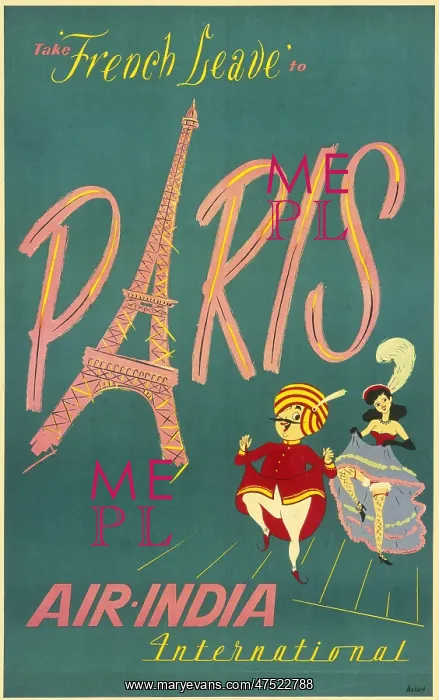 : Poster advertising Air India to Paris : Poster advertising Air India to Paris