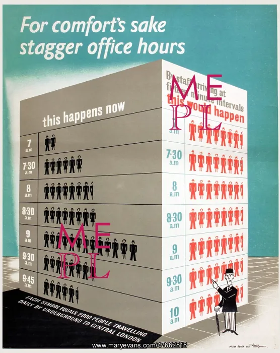 : Poster, For comfort's sake stagger office hours, WW2 : Poster, For comfort's sake stagger office hours, WW2