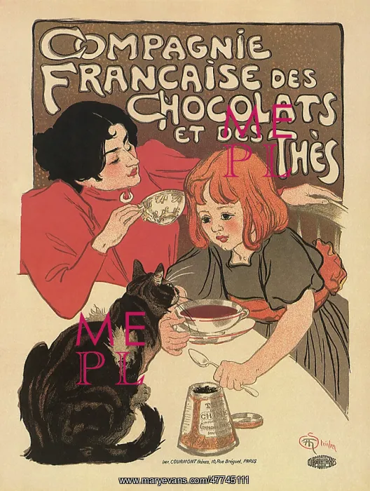 : Poster with a Lady and Tea, a Girl with Cat on a Table : Poster with a Lady and Tea, a Girl with Cat on a Table