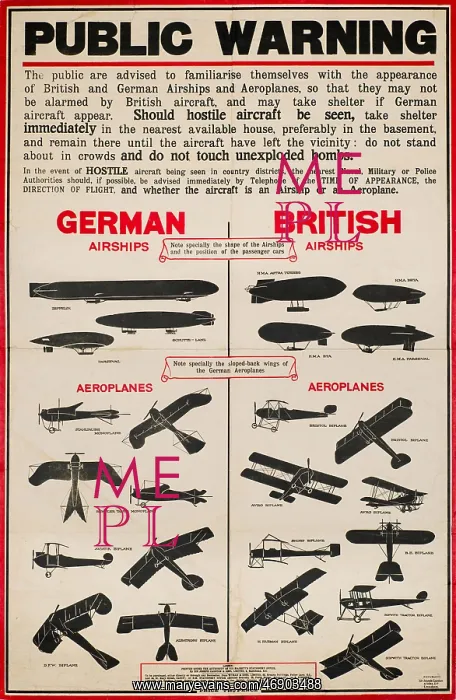 : Poster, Public Warning, identifying aircraft, WW1 : Poster, Public Warning, identifying aircraft, WW1