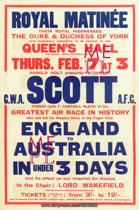 : Poster, Scott's flight from England to Australia : Poster, Scott's flight from England to Australia
