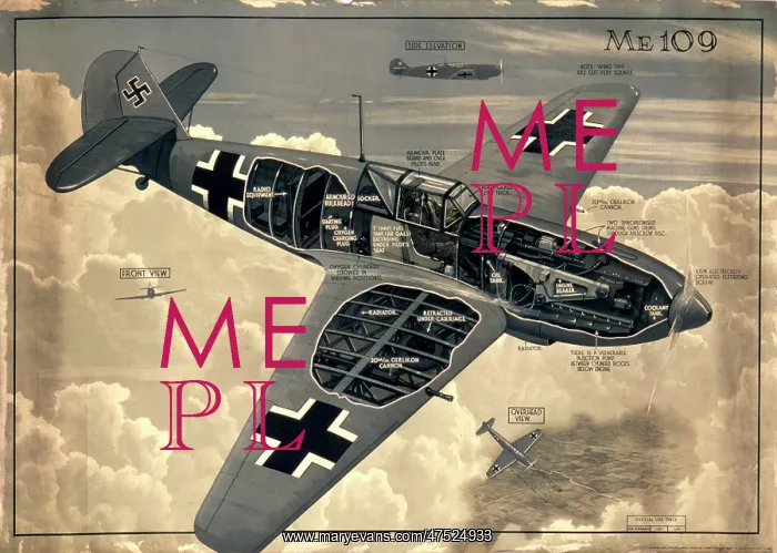 : Poster showing details of the ME109 Messerschmitt : Poster showing details of the ME109 Messerschmitt