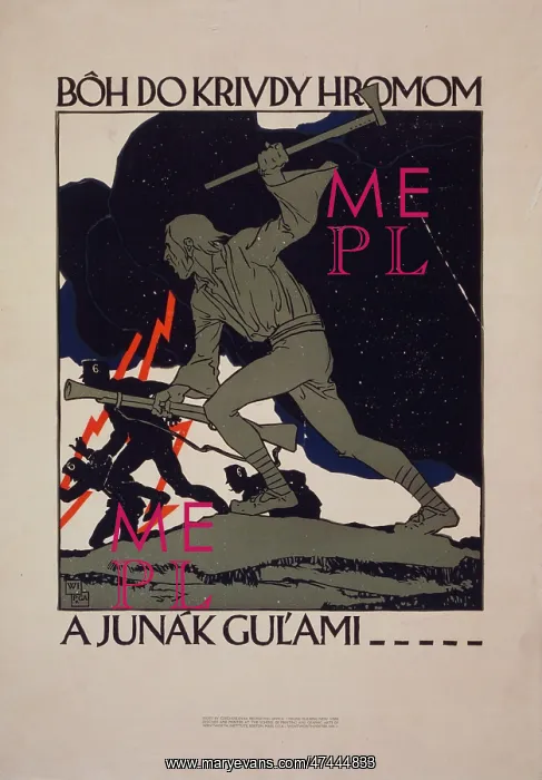 : Poster showing an older man with axe and rifle joining a bat : Poster showing an older man with axe and rifle joining a bat