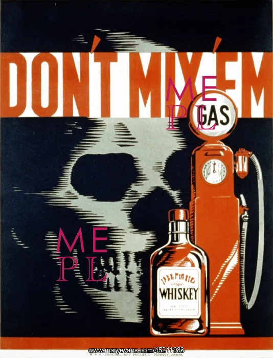: Poster showing whiskey bottle, gas pump, ? : Poster showing whiskey bottle, gas pump, ?