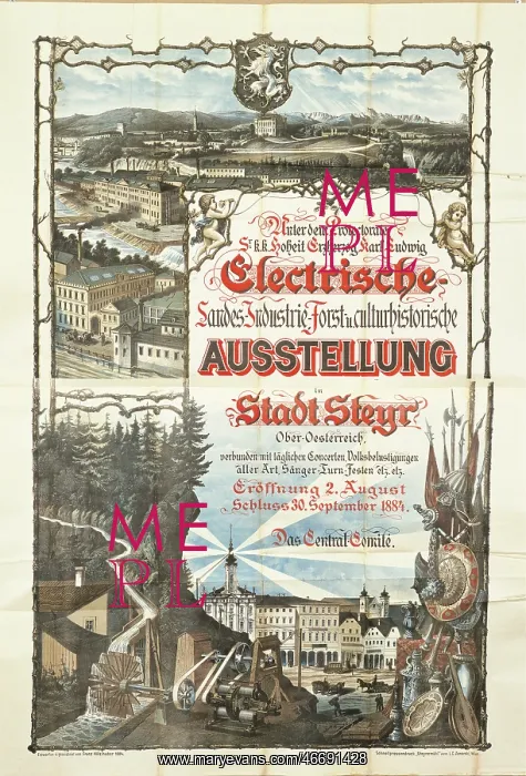 : Posters for Steyr electrical exhibition. 2nd August 1884 : Posters for Steyr electrical exhibition. 2nd August 1884