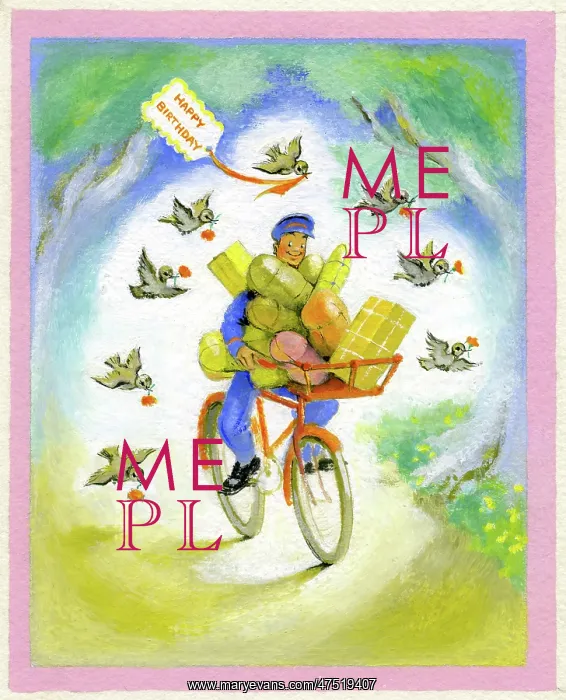 : Postman on bicycle with birthday presents : Postman on bicycle with birthday presents