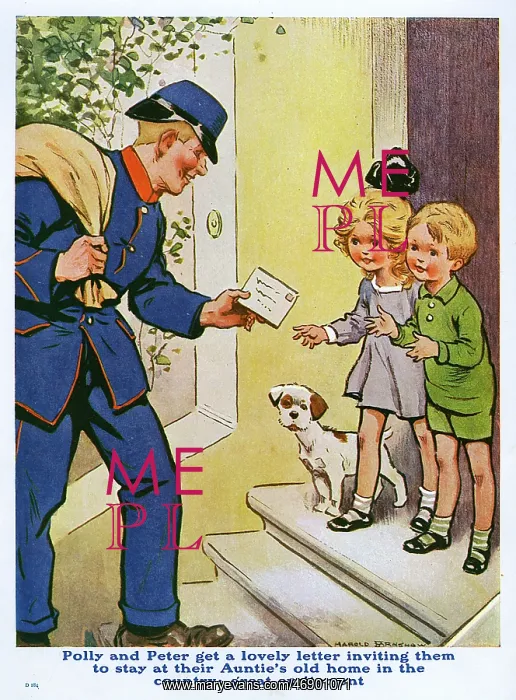 : Postman delivers a letter to two children : Postman delivers a letter to two children