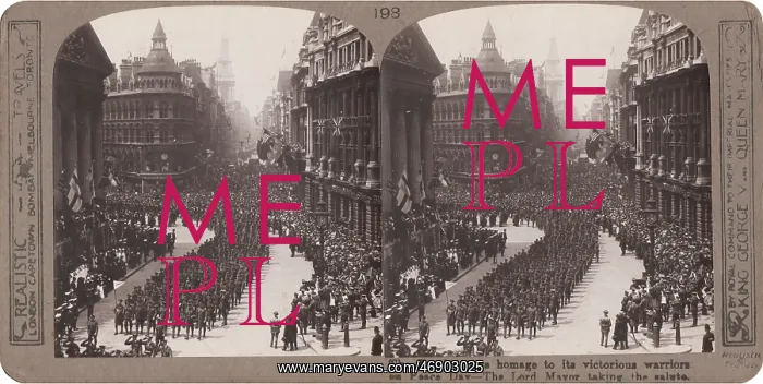 : Postwar celebration with marching troops, City of London : Postwar celebration with marching troops, City of London