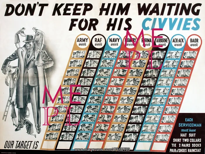 : Postwar poster, Don't keep him waiting for his civvies : Postwar poster, Don't keep him waiting for his civvies