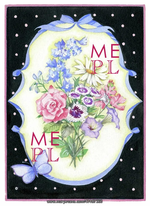 : Posy of flowers with blue ribbon border : Posy of flowers with blue ribbon border