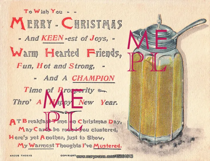 : Pot of mustard with comic verse on a Christmas card : Pot of mustard with comic verse on a Christmas card