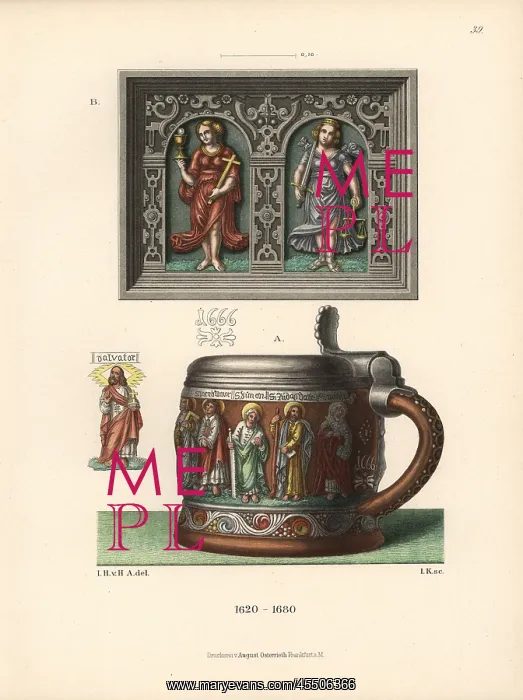 : Pottery apostle-tankard and tile with allegorical : Pottery apostle-tankard and tile with allegorical