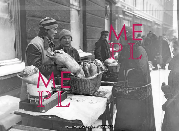 : Poulterer and customer at the Viktualienmarkt in Manchen : Poulterer and customer at the Viktualienmarkt in Manchen