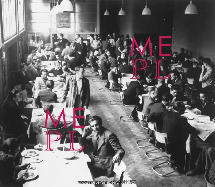 : Prague 1938, students dine in Dejvice cafeteria : Prague 1938, students dine in Dejvice cafeteria