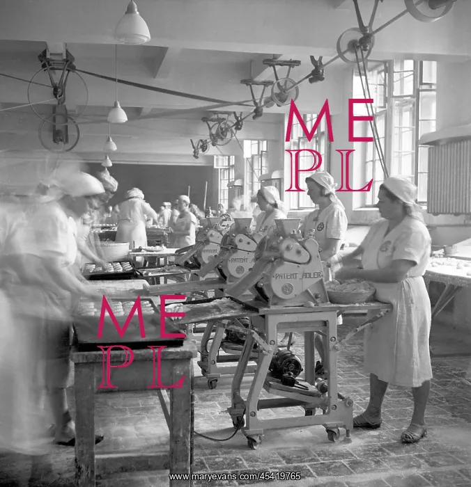 : Prague 1947. Workers in bakery using machine to : Prague 1947. Workers in bakery using machine to