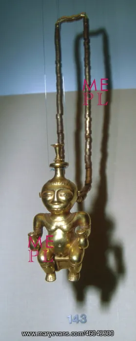 : Pre-Columbian gold lime container and necklace : Pre-Columbian gold lime container and necklace
