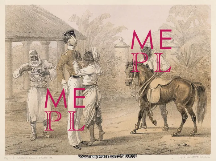 : Preparing for riding in India, 1860, British raj : Preparing for riding in India, 1860, British raj