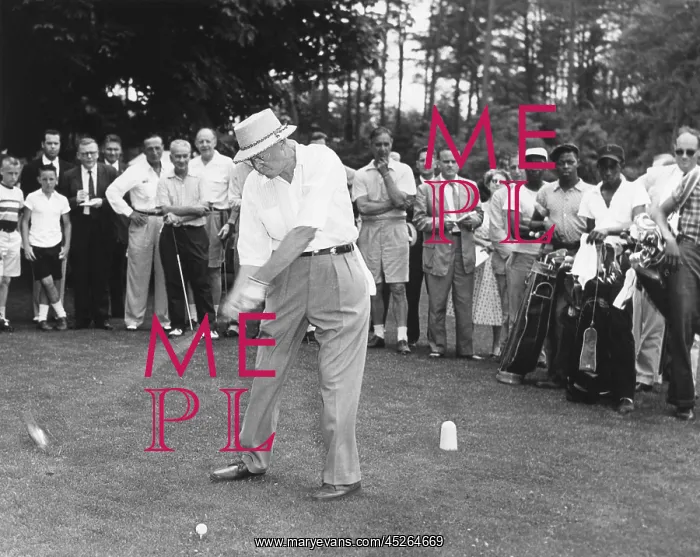 : President Dwight Eisenhower teeing off. His audience : President Dwight Eisenhower teeing off. His audience