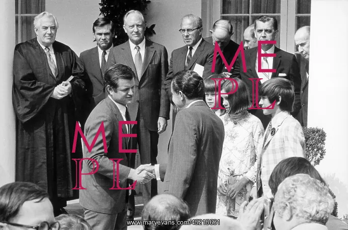 : President Nixon shaking hands with Senator ? : President Nixon shaking hands with Senator ?