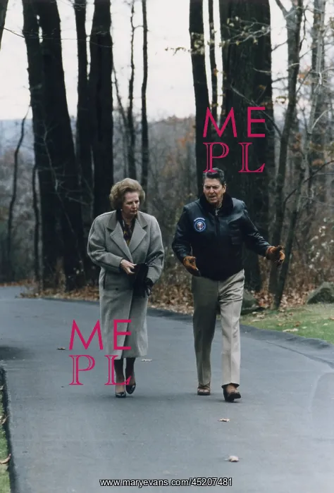: President Reagan walking with his British ? : President Reagan walking with his British ?