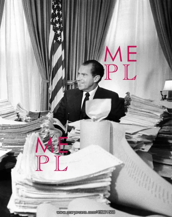 : President Richard Nixon sitting among stacks ? : President Richard Nixon sitting among stacks ?