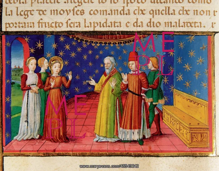 : Priests are convincing Mary to marry. Codex of Predis (1476) : Priests are convincing Mary to marry. Codex of Predis (1476)