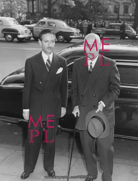 : Prime Minister Mossadegh of Iran (right) during : Prime Minister Mossadegh of Iran (right) during