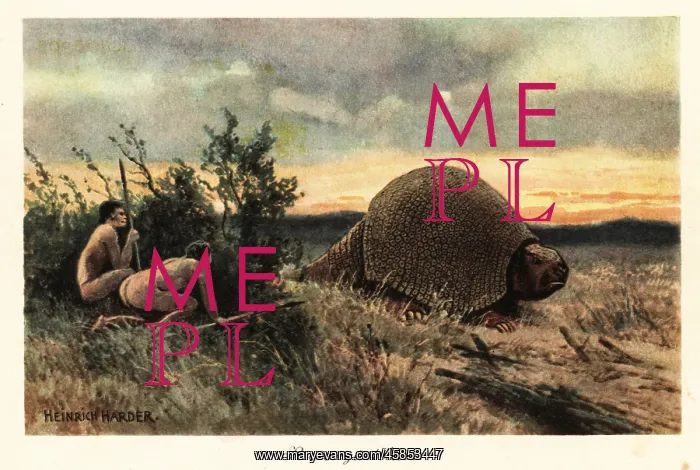 : Primitive men with spears hunting a glyptodon : Primitive men with spears hunting a glyptodon