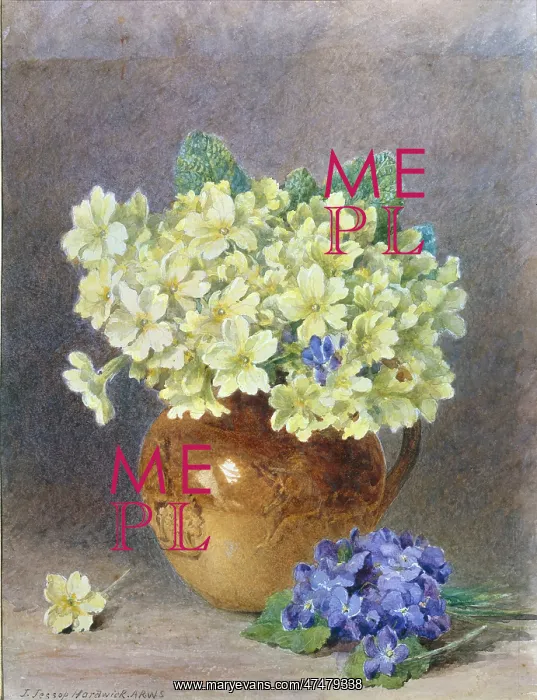  : Primroses in Pottery Jug with violets beside