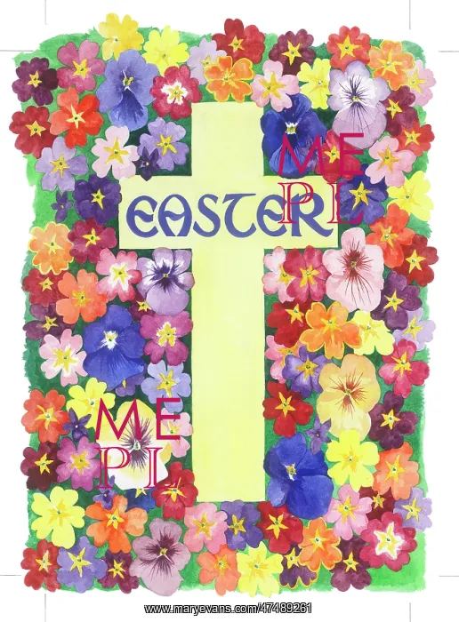 : Primulas, pansies and violets and a yellow cross : Primulas, pansies and violets and a yellow cross