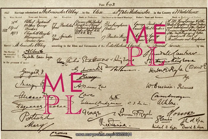 : Prince Albert and Elizabeth Bowes Lyon, Marriage Certificate : Prince Albert and Elizabeth Bowes Lyon, Marriage Certificate