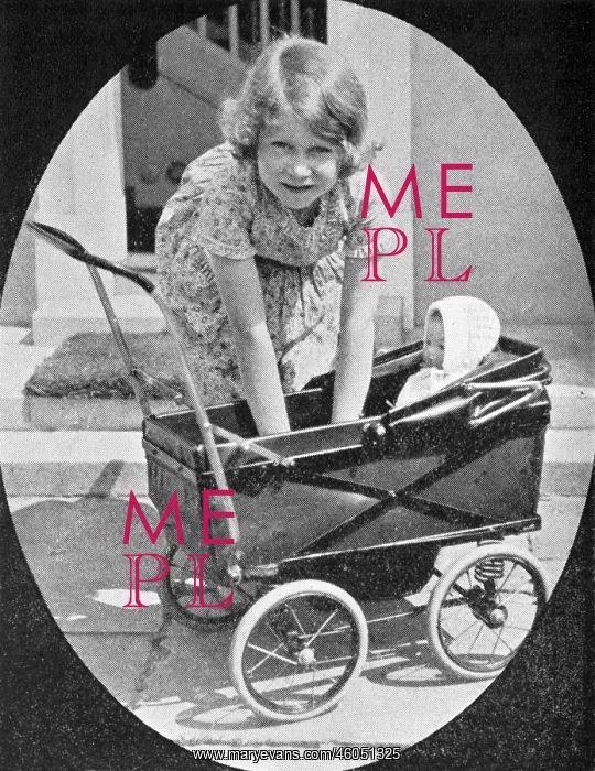 : Princess Elizabeth playing with doll's pram : Princess Elizabeth playing with doll's pram