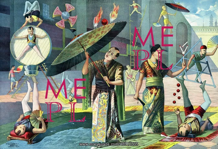: Print of twelve Asian acrobats performing, circa 1891 : Print of twelve Asian acrobats performing, circa 1891