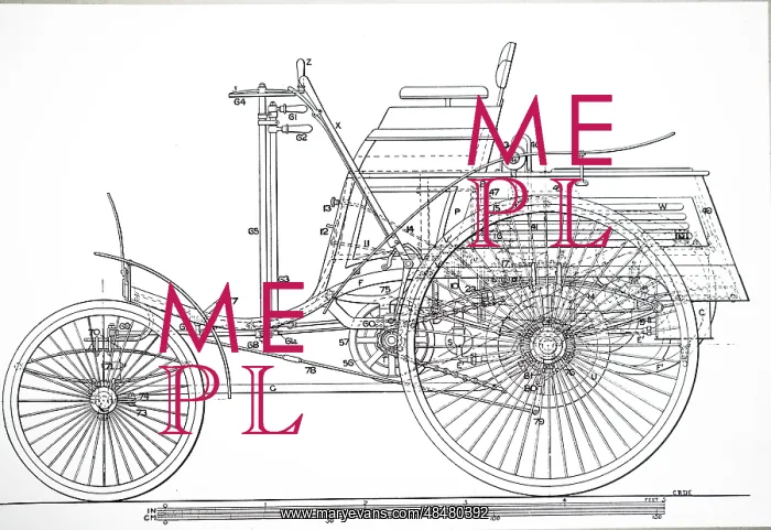 : A print of a Benz motor tricycle : A print of a Benz motor tricycle