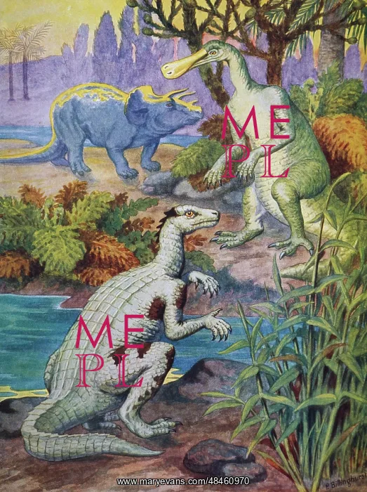 : A print depicting three dinosaurs from the Cretaceous : A print depicting three dinosaurs from the Cretaceous