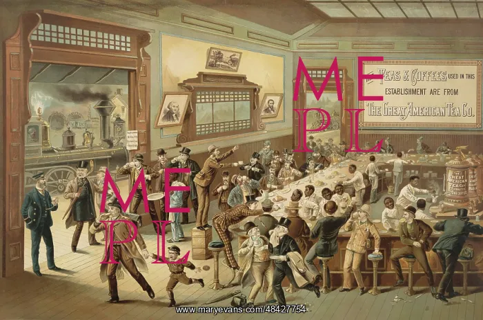 : Print - an elevated interior view of a busy restaurant : Print - an elevated interior view of a busy restaurant