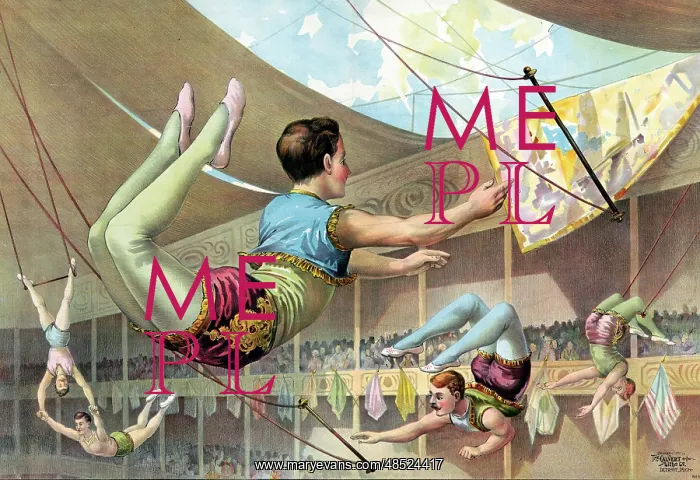 : Print of five male acrobats performing at a circus : Print of five male acrobats performing at a circus