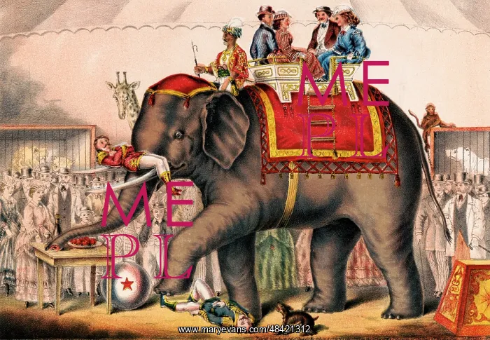 : Print of men performing a circus act with an elephant : Print of men performing a circus act with an elephant