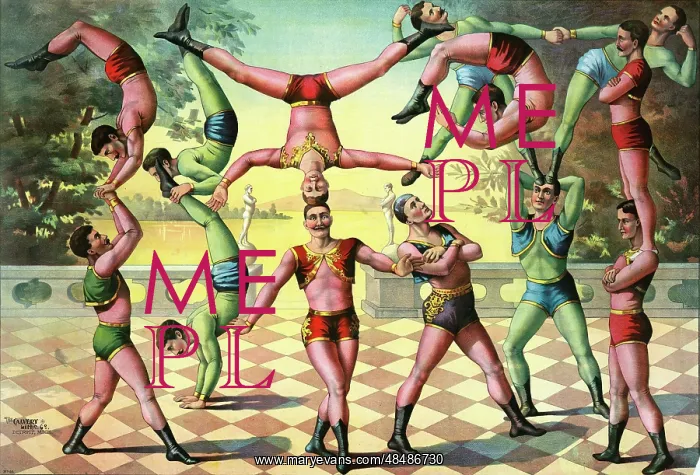 : Print of thirteen men doing acrobatics. circa 1891 : Print of thirteen men doing acrobatics. circa 1891