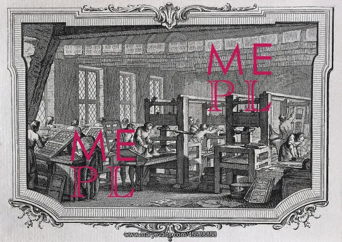 : Printing works in 15th c.. Engraving of 1849 : Printing works in 15th c.. Engraving of 1849