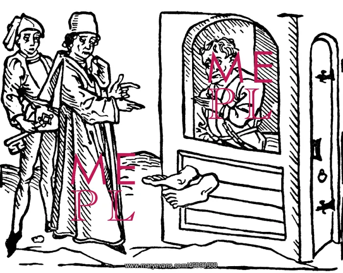 : Prisoner in stocks, cira 1475 : Prisoner in stocks, cira 1475