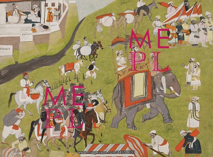 : Procession of a Raja on elephant with armed escort : Procession of a Raja on elephant with armed escort