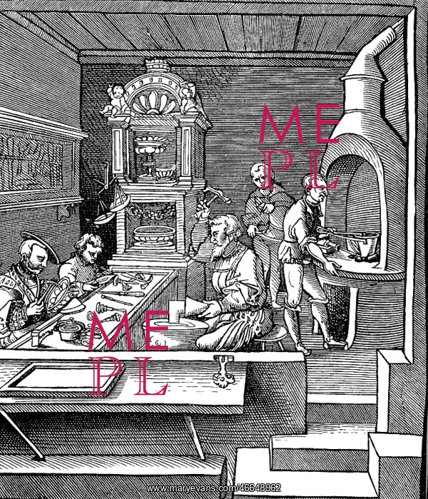 : professions, goldsmith at work, woodcut, title : professions, goldsmith at work, woodcut, title
